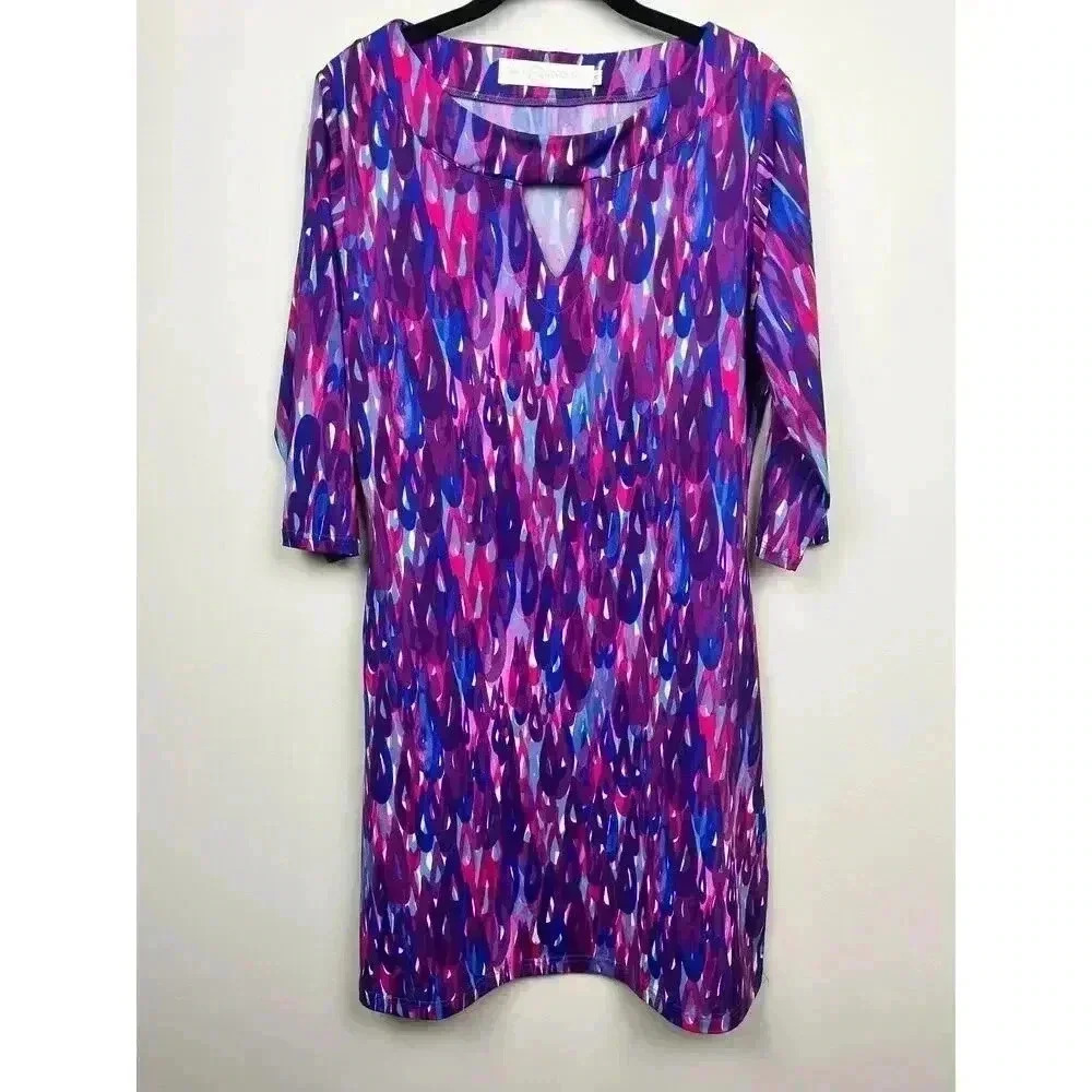 Tracy Negoshian Purple Raindrop 3/4 Sleeve Shift Dress - size Small